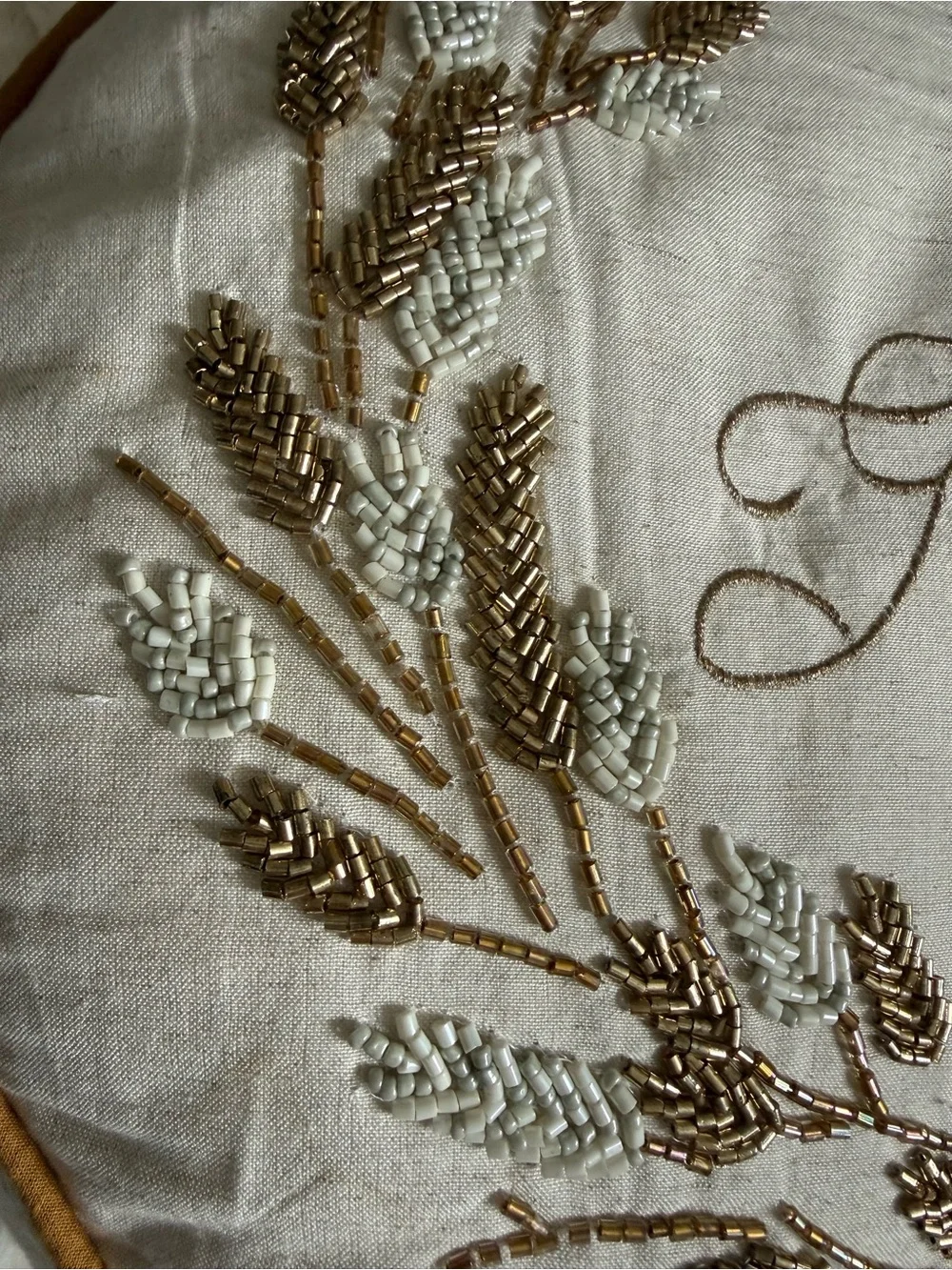 Gather Embroidered Round Throw Pillow, beautiful gold and cream metallic beading